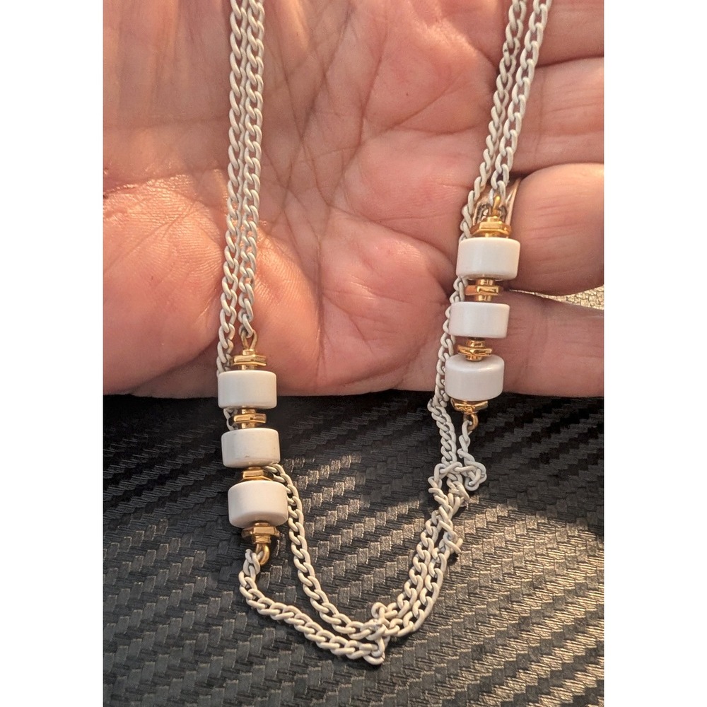 Vintage Monet Long Chain Necklace White Enamel Lucite Bead Mid Century 52 In